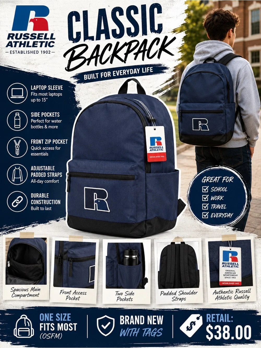Russell Athletic Navy Blue and Black Everyday Backpack